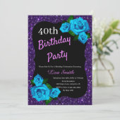 エイジ誕生日パープルグリッターブルーバラ 招待状 (スタンド正面)