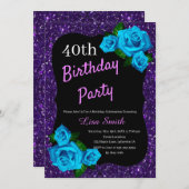エイジ誕生日パープルグリッターブルーバラ 招待状 (正面/裏面)