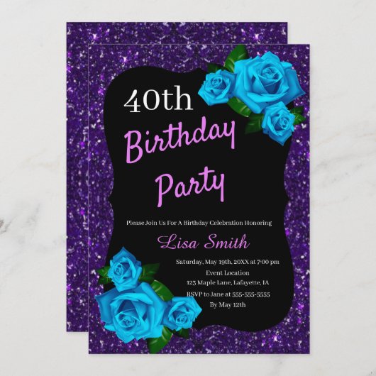エイジ誕生日パープルグリッターブルーバラ 招待状 (正面/裏面)