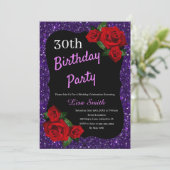 エイジ誕生日パープルグリッターレッドローズ 招待状 (スタンド正面)