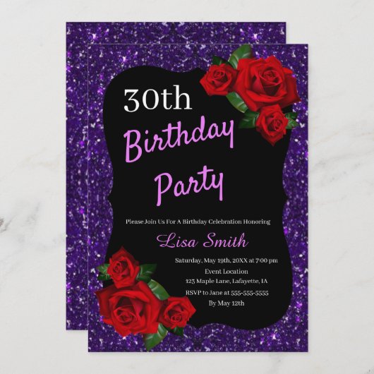 エイジ誕生日パープルグリッターレッドローズ 招待状 (正面/裏面)