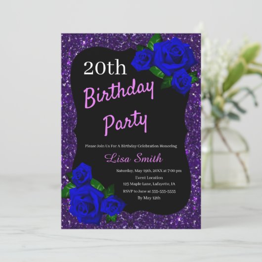 エイジ誕生日パープルグリッター深いブルーバラ 招待状 (スタンド正面)