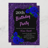 エイジ誕生日パープルグリッター深いブルーバラ 招待状 (正面/裏面)