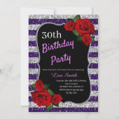 エイジ誕生日パープルシルバーグリッターレッドローズ 招待状 (正面)