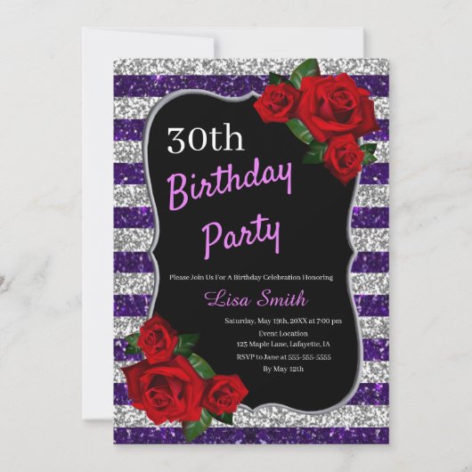 エイジ誕生日パープルシルバーグリッターレッドローズ 招待状 (正面)