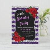 エイジ誕生日パープルシルバーグリッターレッドローズ 招待状 (スタンド正面)