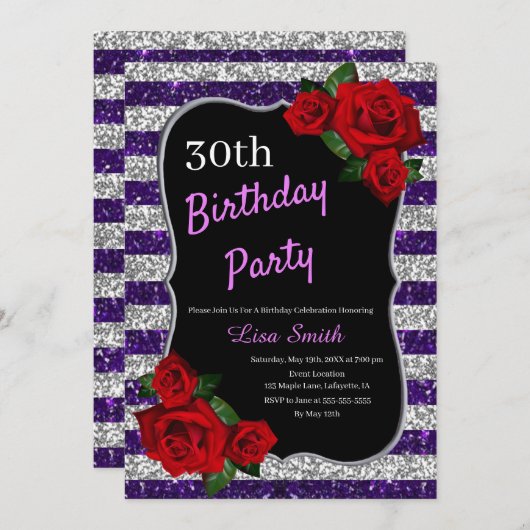 エイジ誕生日パープルシルバーグリッターレッドローズ 招待状 (正面/裏面)