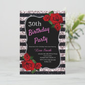 エイジ誕生日ピンクアンドブラックグリッターレッドローズ 招待状 (スタンド正面)