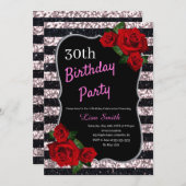 エイジ誕生日ピンクアンドブラックグリッターレッドローズ 招待状 (正面/裏面)