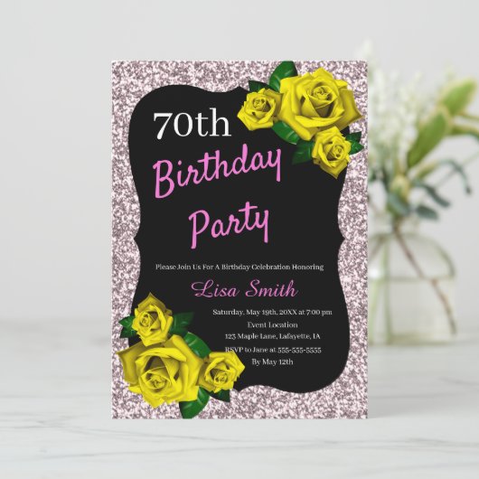 エイジ誕生日ピンクグリッターイエローローズ 招待状 (スタンド正面)