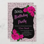 エイジ誕生日ピンクグリッターピンクローズ 招待状 (正面/裏面)