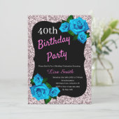 エイジ誕生日ピンクグリッターブルーバラ 招待状 (スタンド正面)