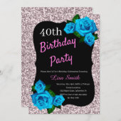 エイジ誕生日ピンクグリッターブルーバラ 招待状 (正面/裏面)