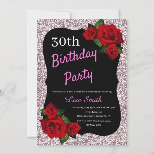 エイジ誕生日ピンクグリッターレッドローズ 招待状 (正面)