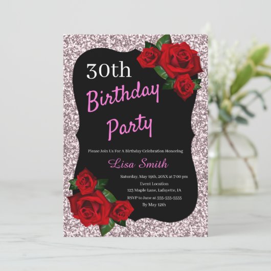 エイジ誕生日ピンクグリッターレッドローズ 招待状 (スタンド正面)