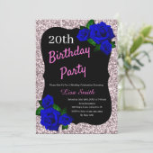 エイジ誕生日ピンクグリッター深いブルーバラ 招待状 (スタンド正面)