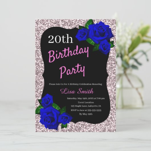 エイジ誕生日ピンクグリッター深いブルーバラ 招待状 (スタンド正面)