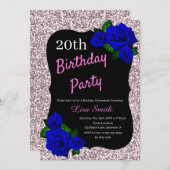 エイジ誕生日ピンクグリッター深いブルーバラ 招待状 (正面/裏面)