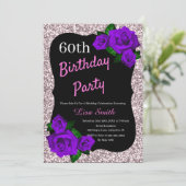 エイジ誕生日ピンクグリッター紫バラ 招待状 (スタンド正面)