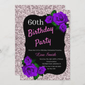 エイジ誕生日ピンクグリッター紫バラ 招待状 (正面/裏面)