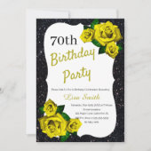 エイジ誕生日ブラックグリッターイエローローズ 招待状 (正面)