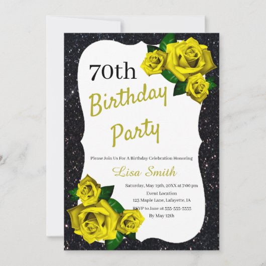 エイジ誕生日ブラックグリッターイエローローズ 招待状 (正面)