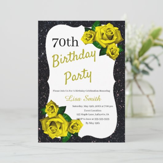 エイジ誕生日ブラックグリッターイエローローズ 招待状 (スタンド正面)