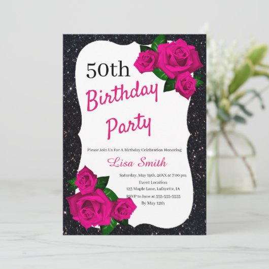 エイジ誕生日ブラックグリッターピンクローズ 招待状 (スタンド正面)