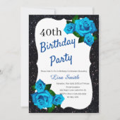 エイジ誕生日ブラックグリッターブルーバラ 招待状 (正面)