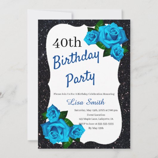 エイジ誕生日ブラックグリッターブルーバラ 招待状 (正面)