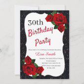 エイジ誕生日ブラックグリッターレッドローゼス 招待状 (正面)