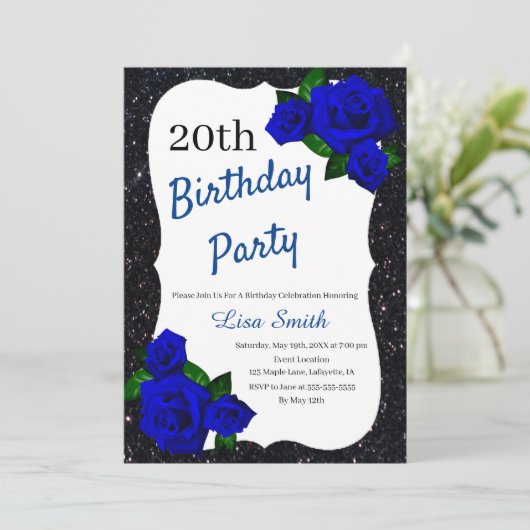 エイジ誕生日ブラックグリッター深いブルーバラ 招待状 (スタンド正面)