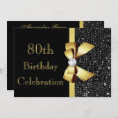 エイジ誕生日ブラックシークインフェイクズ金ゴールドボウ 招待状 (正面/裏面)