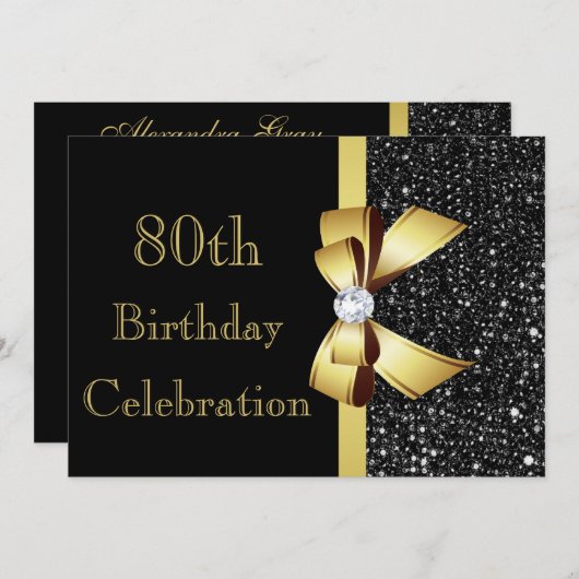 エイジ誕生日ブラックシークインフェイクズ金ゴールドボウ 招待状 (正面/裏面)