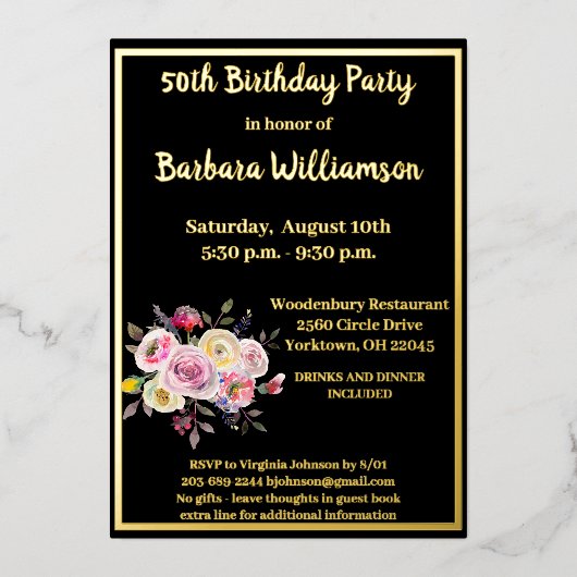 エイジ誕生日ブラック実在金ゴールド 箔招待状 (正面)