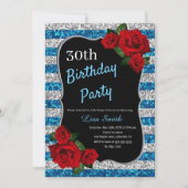 エイジ誕生日ブルーアンドシルバーグリッターレッドローゼス 招待状 (正面)