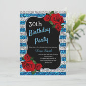 エイジ誕生日ブルーアンドシルバーグリッターレッドローゼス 招待状 (スタンド正面)