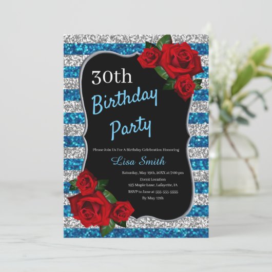 エイジ誕生日ブルーアンドシルバーグリッターレッドローゼス 招待状 (スタンド正面)