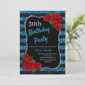 エイジ誕生日ブルーアンドブラックグリッターレッドローゼス 招待状 (スタンド正面)