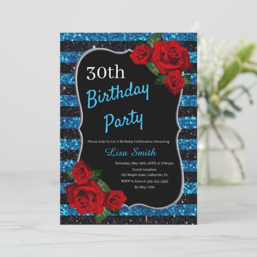 エイジ誕生日ブルーアンドブラックグリッターレッドローゼス 招待状 (スタンド正面)