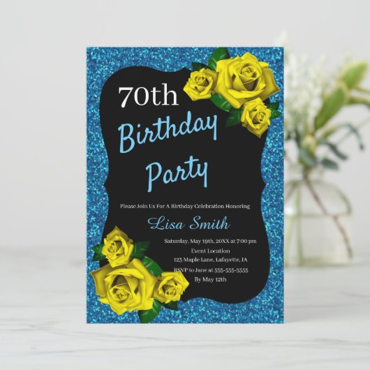 エイジ誕生日ブルーグリッターイエローローズ 招待状