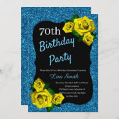 エイジ誕生日ブルーグリッターイエローローズ 招待状 (正面/裏面)