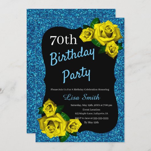 エイジ誕生日ブルーグリッターイエローローズ 招待状 (正面/裏面)