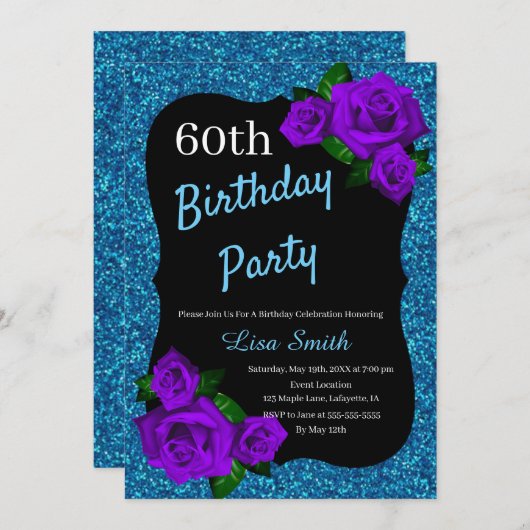 エイジ誕生日ブルーグリッターパープルバラ 招待状 (正面/裏面)
