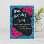 エイジ誕生日ブルーグリッターピンクローズ 招待状 (スタンド正面)