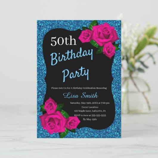 エイジ誕生日ブルーグリッターピンクローズ 招待状 (スタンド正面)