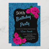 エイジ誕生日ブルーグリッターピンクローズ 招待状 (正面/裏面)