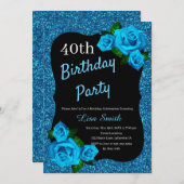 エイジ誕生日ブルーグリッターブルーバラ 招待状 (正面/裏面)