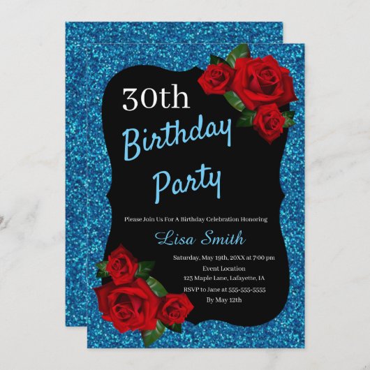 エイジ誕生日ブルーグリッターレッドローゼス 招待状 (正面/裏面)