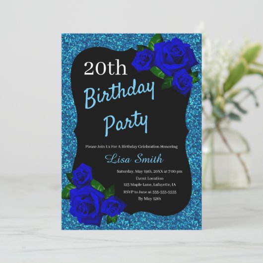 エイジ誕生日ブルーグリッター深いブルーバラ 招待状 (スタンド正面)